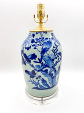 Load image into Gallery viewer, Blue &amp; Celadon Tapered Melon Vase Lamp w/ Bird &amp; Peonies, ~25"