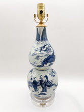 Load image into Gallery viewer, oriental lamp, double gourd, oriental vase, oriental ceramic, Chinese ceramic, vintage ceramic, Dallas lamp store, lampshades Dallas, figural imagery, blue and celadon, blue, celadon
