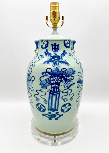 Blue Cut Neck Vintage Porcelain Vase Lamp