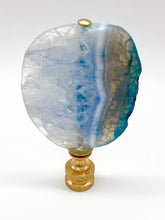 Load image into Gallery viewer, Blue agate mineral lamp finial with natural banding and translucent crystal patterns on a knurled brass fitting