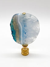 Load image into Gallery viewer, Blue agate mineral lamp finial with natural banding and translucent crystal patterns on a knurled brass fitting
