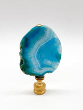 Load image into Gallery viewer, Blue agate mineral lamp finial with natural banding and translucent crystal patterns on a knurled brass fitting