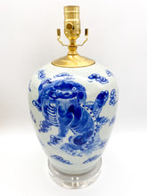 Load image into Gallery viewer, Blue &amp; Celadon Fou Lion Lamp, ~22"