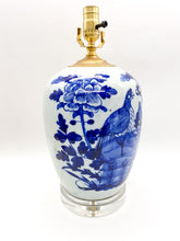 Load image into Gallery viewer, Blue &amp; Celadon Melon Vase Lamp w/ Rooster &amp; Peonies, ~23"