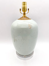Load image into Gallery viewer, Blue &amp; Celadon Melon Vase Lamp w/ Rooster &amp; Peonies, ~23"