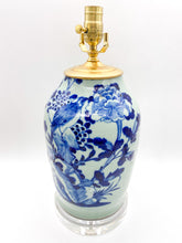 Load image into Gallery viewer, Blue &amp; Celadon Tapered Melon Vase Lamp w/ Bird &amp; Peonies, ~25"