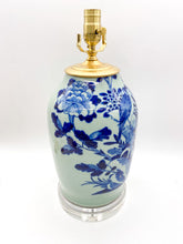 Load image into Gallery viewer, Blue &amp; Celadon Tapered Melon Vase Lamp w/ Bird &amp; Peonies, ~25"
