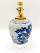Load image into Gallery viewer, ginger jar lamps, ginger jar, blue &amp; white, blue &amp; celadon, acrylic base, petit, petit lamp, tropical pattern, tropical art, Chinese antique, Asian antique, oriental