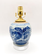 Load image into Gallery viewer, ginger jar lamps, ginger jar, blue &amp; white, blue &amp; celadon, acrylic base, petit, petit lamp, tropical pattern, tropical art, Chinese antique, Asian antique, oriental