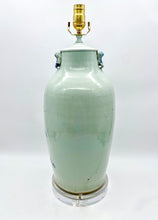 Load image into Gallery viewer, Blue &amp; Celadon Vase Lamp with Fou Lions, 20&quot; at harp saddle
