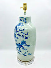 Load image into Gallery viewer, Blue &amp; Celadon Vase Lamp with Fou Lions, 20&quot; at harp saddle