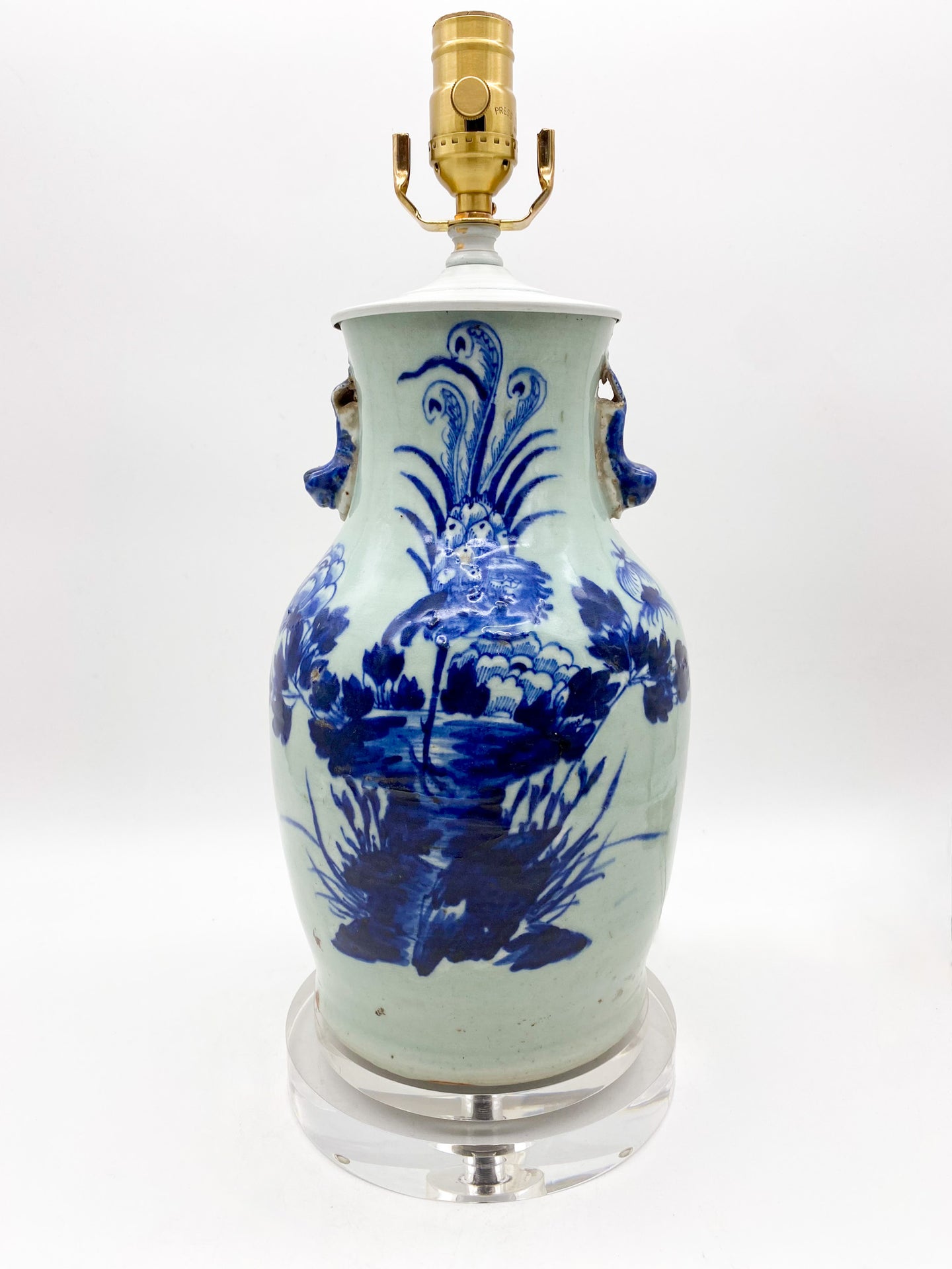 Blue/Celedon-Peacock-Cut-Vase-Table-Lamp.-16 -tall-(to-harp-saddle)