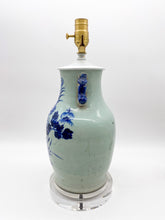 Load image into Gallery viewer, Blue/Celedon-Peacock-Cut-Vase-Table-Lamp.-16 -tall-(to-harp-saddle)