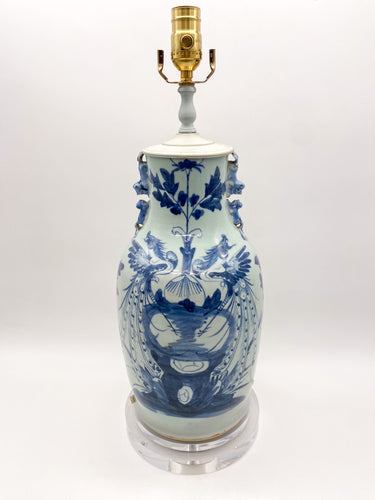 Antique Celadon & Blue Lamp with Pheasants and Fou Lion Handles, ~27