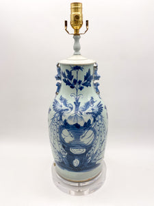 Antique Celadon & Blue Lamp with Pheasants and Fou Lion Handles, ~27"