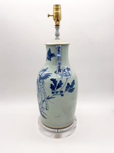 Antique Celadon & Blue Lamp with Pheasants and Fou Lion Handles, ~27"
