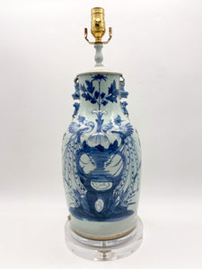 Antique Celadon & Blue Lamp with Pheasants and Fou Lion Handles, ~27"