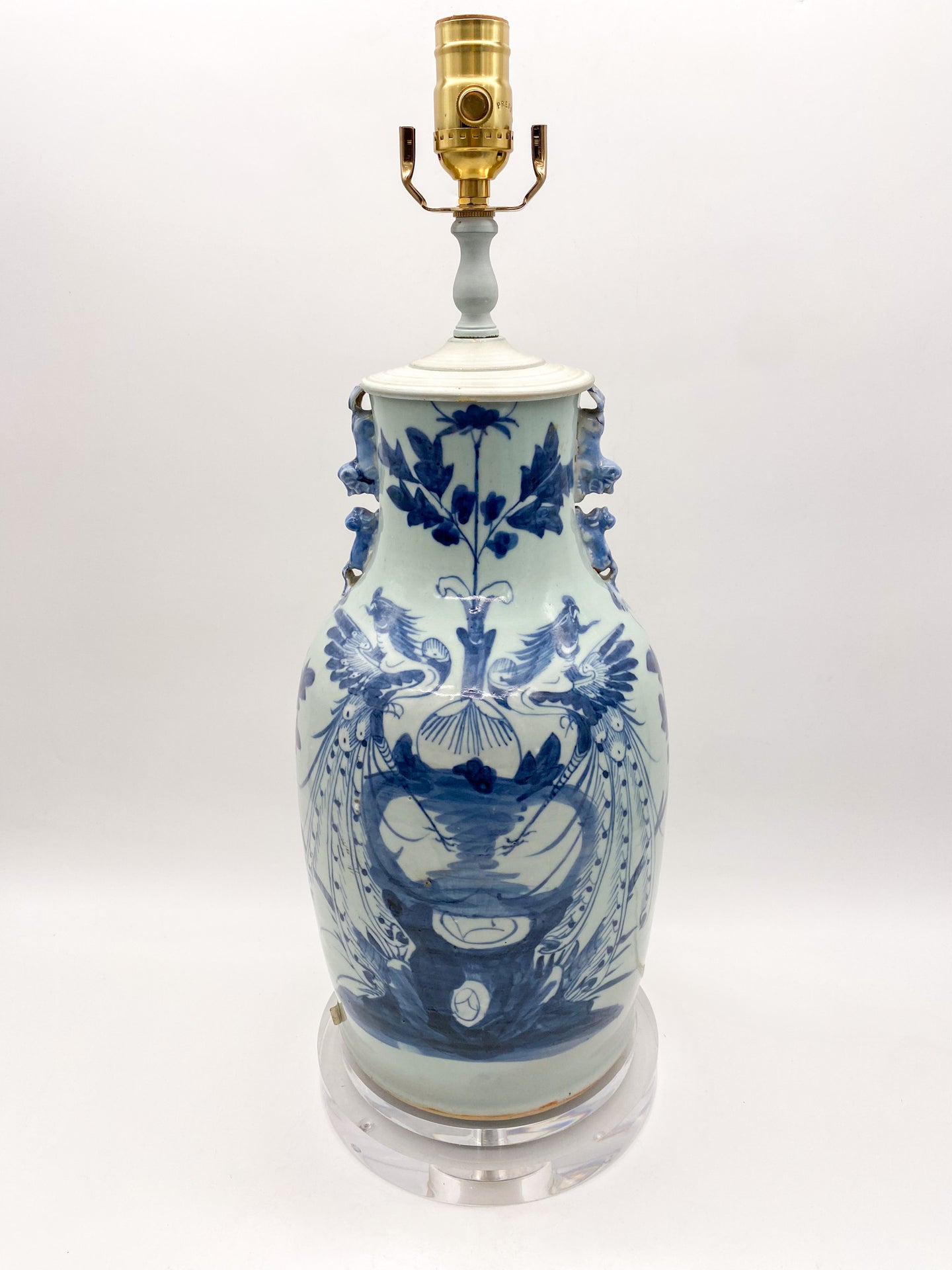 Celadon Blue Vase Lamp with Pheasants and Fou Lion Handles