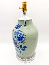 Load image into Gallery viewer, Blue/White-Cut-Vase-Lamp.-15.5 -tall-(to-harp-saddle)