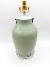 Load image into Gallery viewer, Blue/White-Cut-Vase-Lamp.-15.5 -tall-(to-harp-saddle)