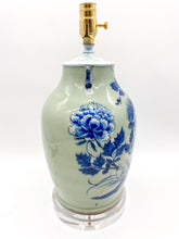 Load image into Gallery viewer, Blue/White-Cut-Vase-Lamp.-15.5 -tall-(to-harp-saddle)