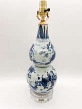 Load image into Gallery viewer, oriental lamp, double gourd, oriental vase, oriental ceramic, Chinese ceramic, vintage ceramic, Dallas lamp store, lampshades Dallas, figural imagery, blue and celadon, blue, celadon