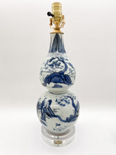 Load image into Gallery viewer, oriental lamp, double gourd, oriental vase, oriental ceramic, Chinese ceramic, vintage ceramic, Dallas lamp store, lampshades Dallas, figural imagery, blue and celadon, blue, celadon