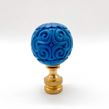 Load image into Gallery viewer, blue carved lamp finial, blue scroll pattern finial, carved blue sphere lamp finial, decorative blue finial with brass base, bold blue lamp finial with texture, vintage style blue carved finial, detailed scrollwork lamp finial blue, classic blue and brass finial, textured blue globe finial for lamp, statement blue finial for lighting decor