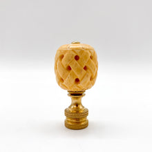 Load image into Gallery viewer, woven lattice lamp finial, carved lattice pattern finial, cream carved lamp finial with brass base, decorative lattice finial for table lamp, textured carved finial with crisscross design, vintage style lattice lamp finial, cream ivory tone finial with cutout detail, unique woven look lamp finial, detailed carved finial with warm neutral finish, ornamental lattice sphere finial, classic carved finial with brass base, statement lattice finial for lighting decor