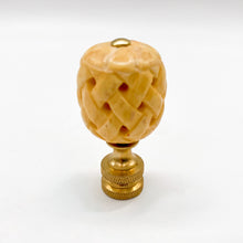 Load image into Gallery viewer, woven lattice lamp finial, carved lattice pattern finial, cream carved lamp finial with brass base, decorative lattice finial for table lamp, textured carved finial with crisscross design, vintage style lattice lamp finial, cream ivory tone finial with cutout detail, unique woven look lamp finial, detailed carved finial with warm neutral finish, ornamental lattice sphere finial, classic carved finial with brass base, statement lattice finial for lighting decor