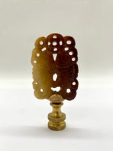 Load image into Gallery viewer, carved amber lamp finial, openwork carved finial detail, vintage style carved lamp finial with cutouts, amber tone decorative finial with brass base, intricate carved finial for table lamp, detailed open cut lamp finial design, warm brown carved finial topper, ornamental pierced finial for lighting decor, unique vintage inspired lamp finial, sculptural carved finial with openwork pattern
