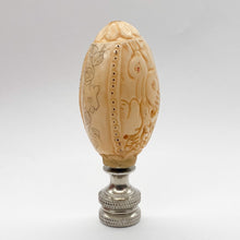 Load image into Gallery viewer, finial, finials, carved bone, faux bone, faux ivory, carving, carved bunny, bunnies, bunny finial, carved rabbit, carved rabbits, rabbit finial, rabbit finial, lampshade finial, lampshade topper, lamp topper, lamp top, oval finial, table lamp finial, table lamp top, table lamp topper