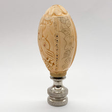 Load image into Gallery viewer, finial, finials, carved bone, faux bone, faux ivory, carving, carved bunny, bunnies, bunny finial, carved rabbit, carved rabbits, rabbit finial, rabbit finial, lampshade finial, lampshade topper, lamp topper, lamp top, oval finial, table lamp finial, table lamp top, table lamp topper