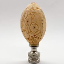 Load image into Gallery viewer, finial, finials, carved bone, faux bone, faux ivory, carving, carved bunny, bunnies, bunny finial, carved rabbit, carved rabbits, rabbit finial, rabbit finial, lampshade finial, lampshade topper, lamp topper, lamp top, oval finial, table lamp finial, table lamp top, table lamp topper