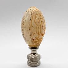 Load image into Gallery viewer, finial, finials, carved bone, faux bone, faux ivory, carving, carved bunny, bunnies, bunny finial, carved rabbit, carved rabbits, rabbit finial, rabbit finial, lampshade finial, lampshade topper, lamp topper, lamp top, oval finial, table lamp finial, table lamp top, table lamp topper