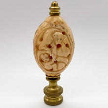 Load image into Gallery viewer, finial, finials, carved bone, faux bone, faux ivory, carving, carved monkey, monkey, monkeys, monkey finial, monkeys finial, lampshade finial, lampshade topper, lamp topper, lamp top, oval finial, table lamp finial, table lamp top, table lamp topper
