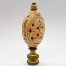 Load image into Gallery viewer, finial, finials, carved bone, faux bone, faux ivory, carving, carved monkey, monkey, monkeys, monkey finial, monkeys finial, lampshade finial, lampshade topper, lamp topper, lamp top, oval finial, table lamp finial, table lamp top, table lamp topper