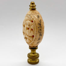 Load image into Gallery viewer, finial, finials, carved bone, faux bone, faux ivory, carving, carved monkey, monkey, monkeys, monkey finial, monkeys finial, lampshade finial, lampshade topper, lamp topper, lamp top, oval finial, table lamp finial, table lamp top, table lamp topper
