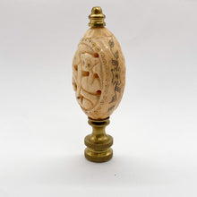 Load image into Gallery viewer, finial, finials, carved bone, faux bone, faux ivory, carving, carved monkey, monkey, monkeys, monkey finial, monkeys finial, lampshade finial, lampshade topper, lamp topper, lamp top, oval finial, table lamp finial, table lamp top, table lamp topper