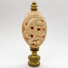 Load image into Gallery viewer, finial, finials, carved bone, faux bone, faux ivory, carving, carved monkey, monkey, monkeys, monkey finial, monkeys finial, lampshade finial, lampshade topper, lamp topper, lamp top, oval finial, table lamp finial, table lamp top, table lamp topper
