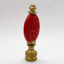 Load image into Gallery viewer, cinnebar, cinnabar, finial, finials, carved, carving, man with shield, man and shield, oriental finial, Chinese finial, Asian finial, red finial, lampshade finial, lamp topper, lamp top, lamp finial, table lamp finial