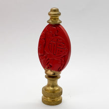 Load image into Gallery viewer, cinnebar, cinnabar, finial, finials, carved, carving, man with shield, man and shield, oriental finial, Chinese finial, Asian finial, red finial, lampshade finial, lamp topper, lamp top, lamp finial, table lamp finial