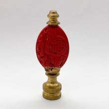Load image into Gallery viewer, cinnebar, cinnabar, finial, finials, carved, carving, man with shield, man and shield, oriental finial, Chinese finial, Asian finial, red finial, lampshade finial, lamp topper, lamp top, lamp finial, table lamp finial