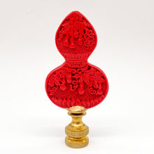 Load image into Gallery viewer, cinnebar, cinnabar, red, red finial, carved, carving, grape, grapevine, grapes, grape detail, oriental finial, chinese finial, asian finial, lampshade top, lampshade topper, lampshade finial, finial, finials