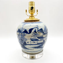Load image into Gallery viewer, Antique Melon Jar Lamp, Canton River Scene w/ Cottage in Blue/Celadon, ~16"