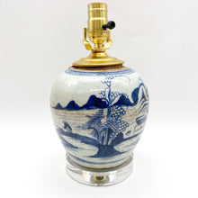 Load image into Gallery viewer, Antique Melon Jar Lamp, Canton River Scene w/ Cottage in Blue/Celadon, ~16"