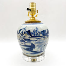 Load image into Gallery viewer, Antique Melon Jar Lamp, Canton River Scene w/ Cottage in Blue/Celadon, ~16"