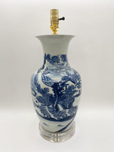 Load image into Gallery viewer, blue and white, blue &amp; white, canton, canton village, bell jar vase, vase lamp, stacked acrylic base, oriental lamp, Chinese ceramic, oriental vase, traditional Chinese vase, Dallas lamp store, Dallas lampshade store