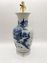 Load image into Gallery viewer, blue and white, blue &amp; white, canton, canton village, bell jar vase, vase lamp, stacked acrylic base, oriental lamp, Chinese ceramic, oriental vase, traditional Chinese vase, Dallas lamp store, Dallas lampshade store