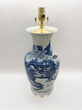 Load image into Gallery viewer, blue and white, blue &amp; white, canton, canton village, bell jar vase, vase lamp, stacked acrylic base, oriental lamp, Chinese ceramic, oriental vase, traditional Chinese vase, Dallas lamp store, Dallas lampshade store
